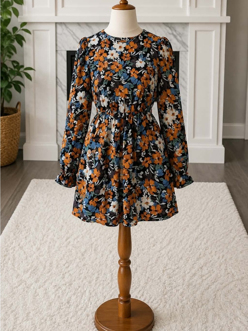 SALE 4/$20 Floral Long-Sleeve Dress - Black with Orange & Blue Flowers